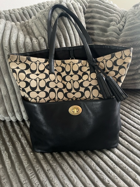 Coach Handbags - Coach Two-Tone Signature Canvas Tote with Black Leather Base